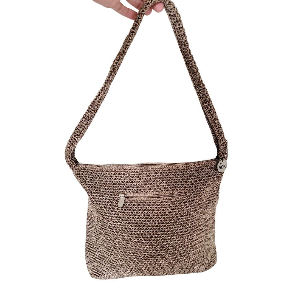 The Sak Crochet Shoulder Bag Small Tote Beige Purse Zipper Closure Boho Beachy